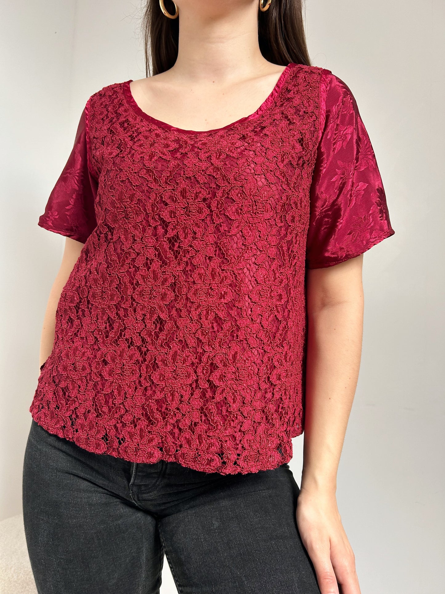 90s Burgundy Lace Blouse Size 36/38