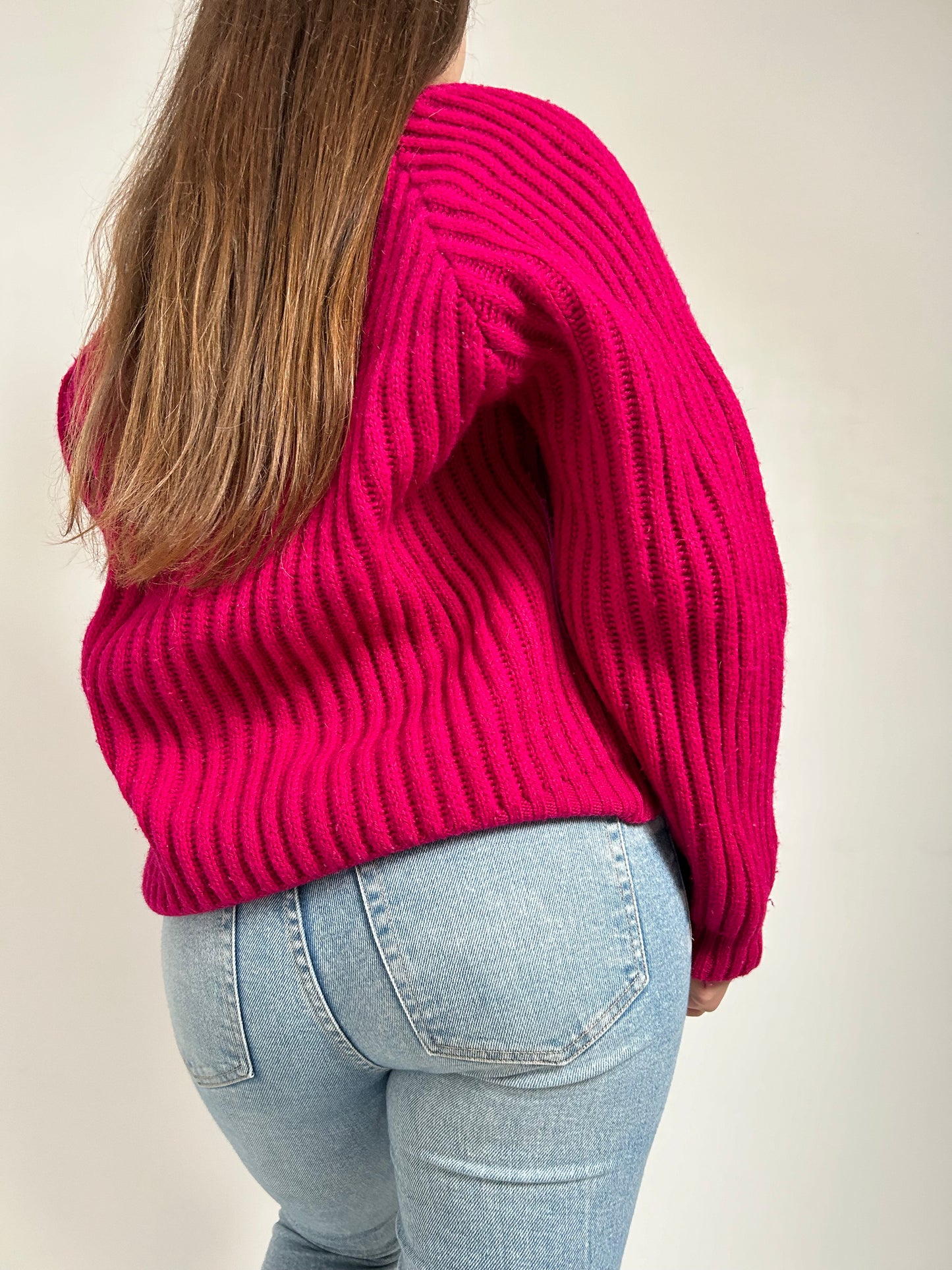 Pull rose fushia col V 90s Taille 40