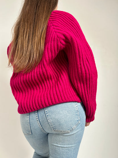 Pull rose fushia col V 90s Taille 40