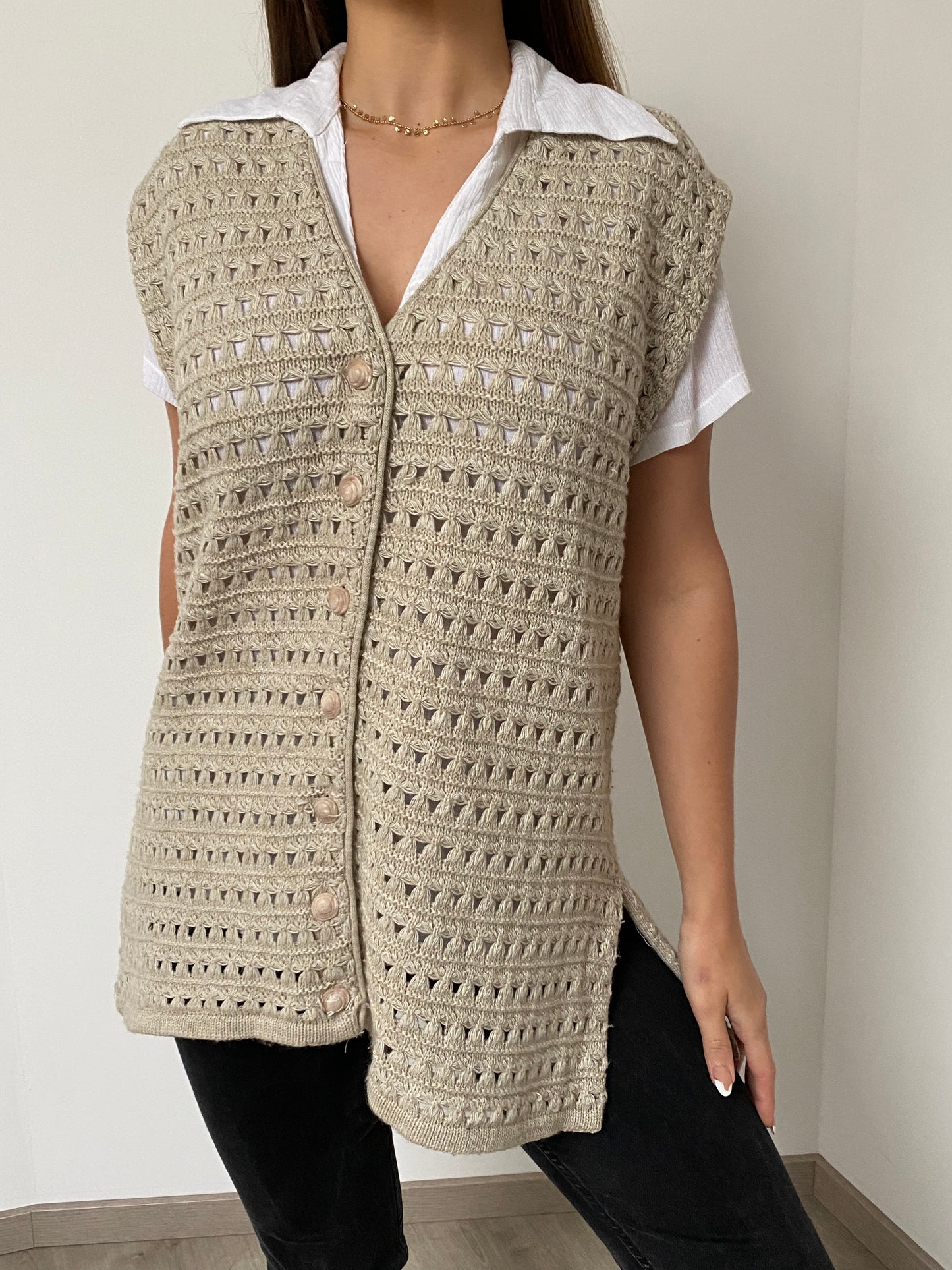 90s bohemian beige ribbed vest Size L