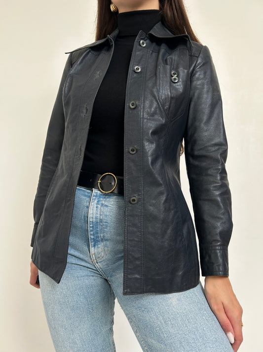 Veste en cuir bleu foncé 70s Taille 36