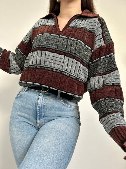 Pull bordeaux et gris en velours col zippé 90s Taille 40