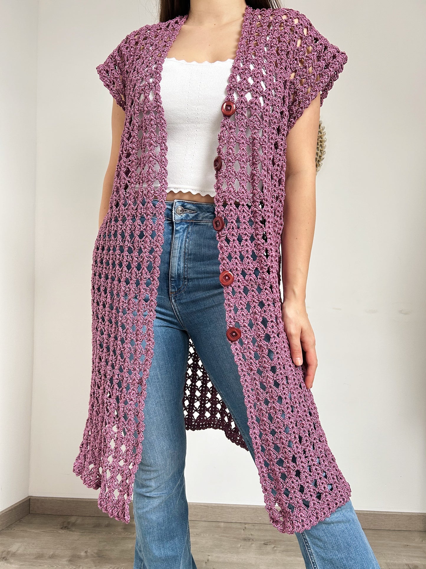 Long cardigan en crochet violet 90s Taille 36/38