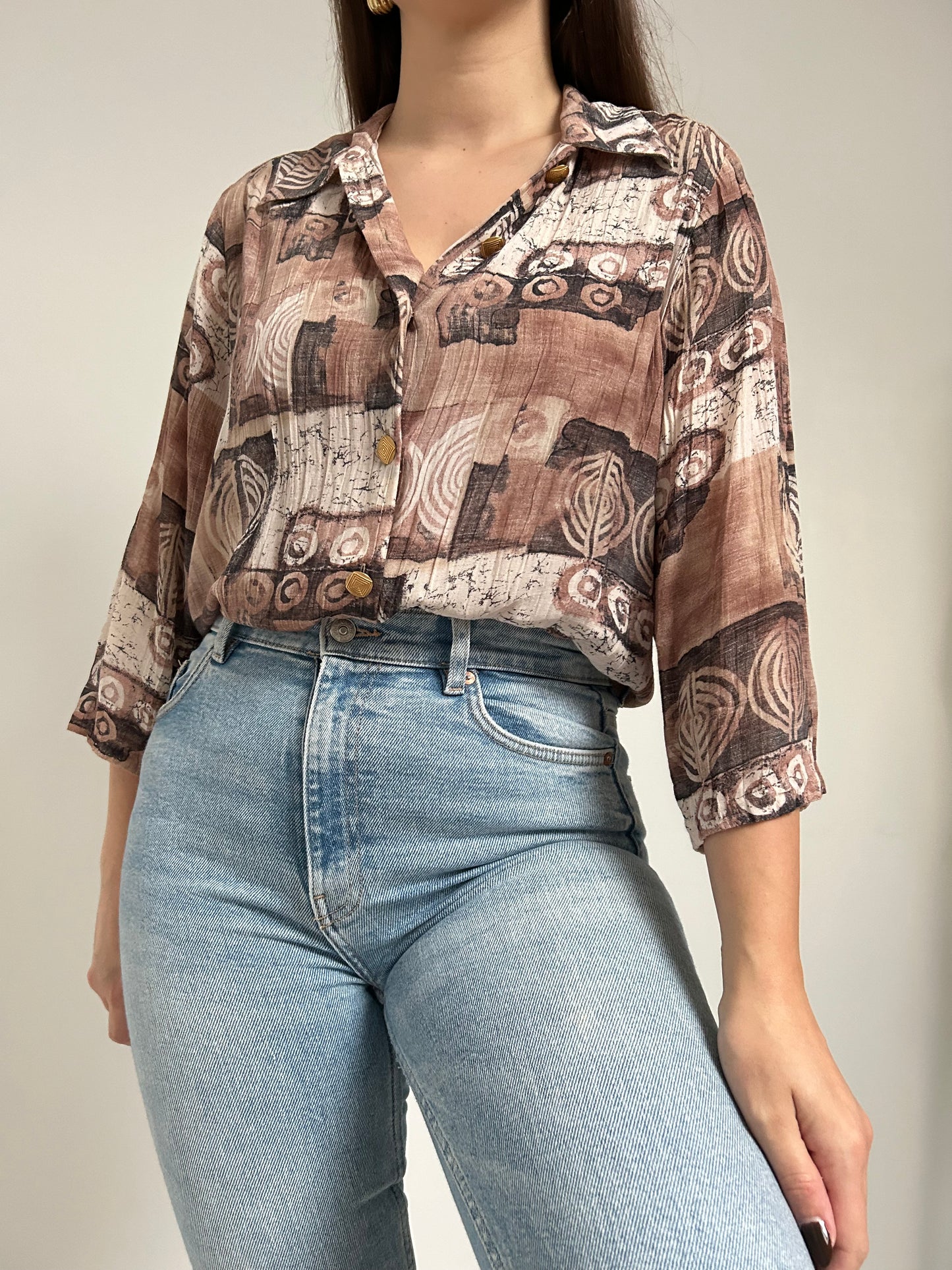 Chemise manches 3/4 à motifs marron 90s Taille 38/40