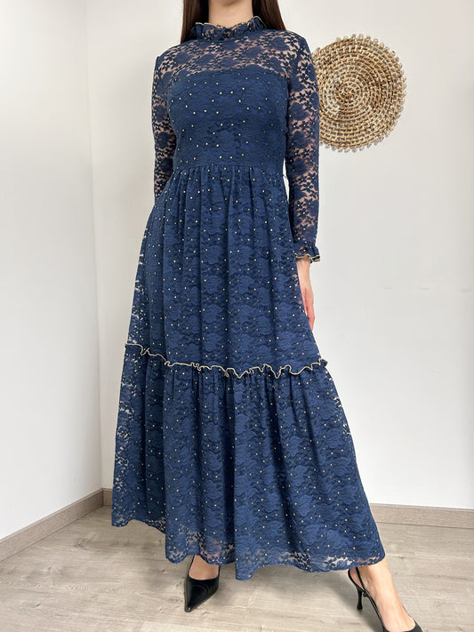 Robe en dentelle bleu foncé avec dorure 70s Taille 38