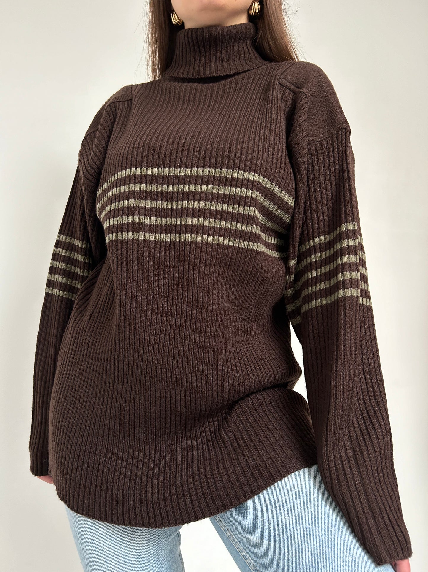 Pull marron col roulé avec bandes kaki 90s Taille 40/42