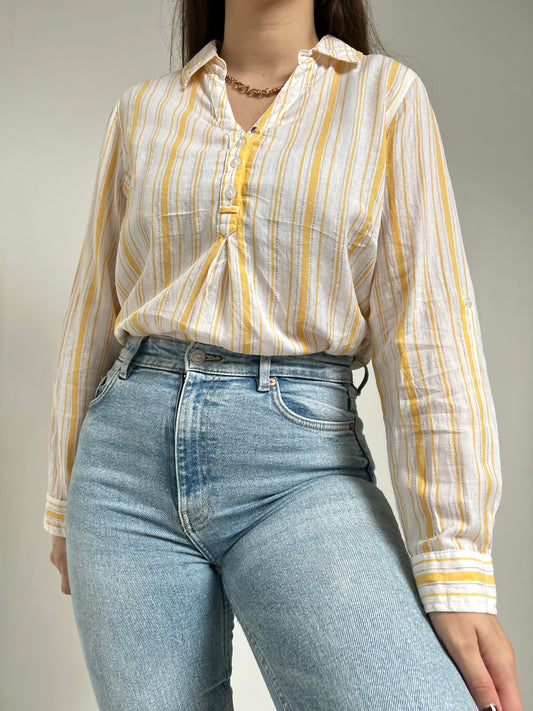 Blouse col chemise lignée jaune et blanc 90s Taille 38