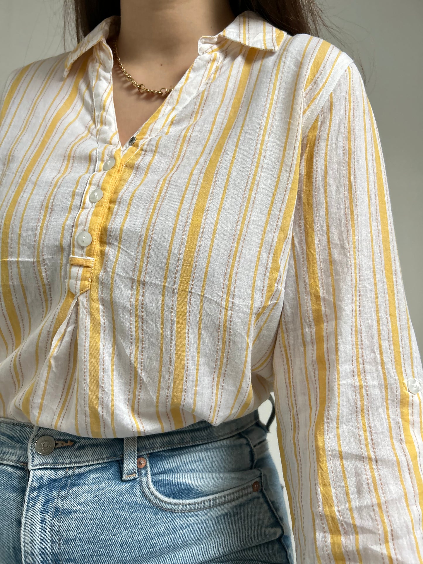 Blouse col chemise lignée jaune et blanc 90s Taille 38