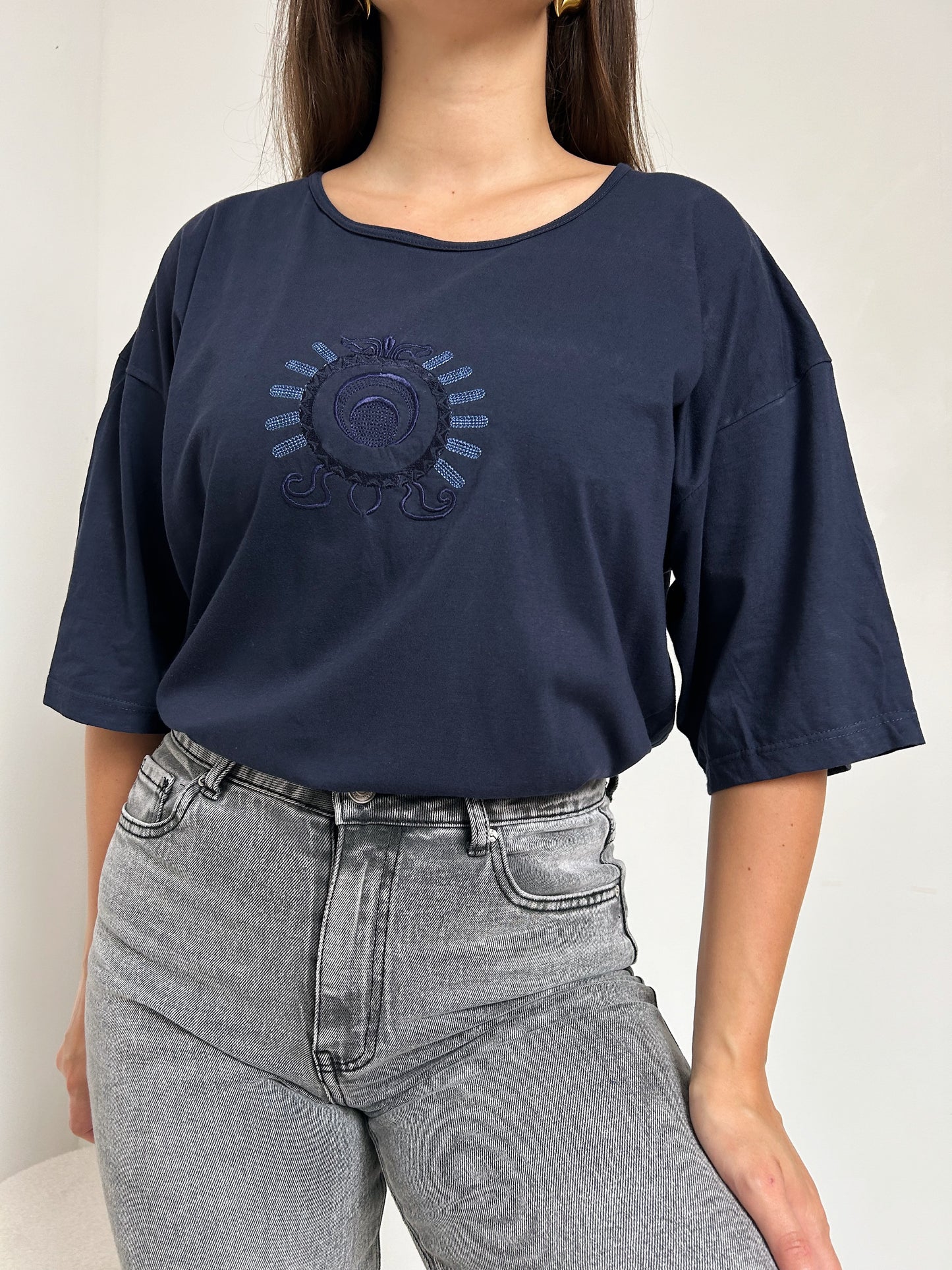 Navy Blue Embroidered 90s T-Shirt Size 38 to 42