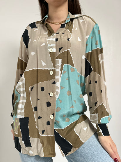 Chemise oversize à motifs beige et bleu 90s Taille 40