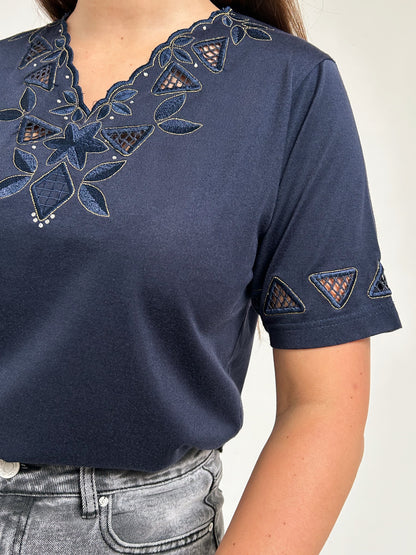 Navy Blue Embroidered 90s T-Shirt Size 36/38