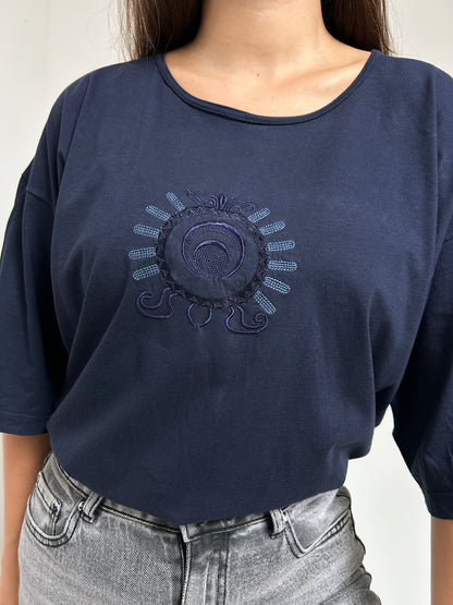 Navy Blue Embroidered 90s T-Shirt Size 38 to 42