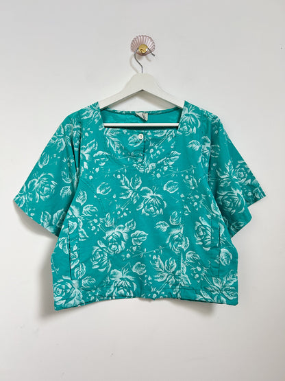 Blouse courte oversize turquoise à fleurs 90s Taille 36/38