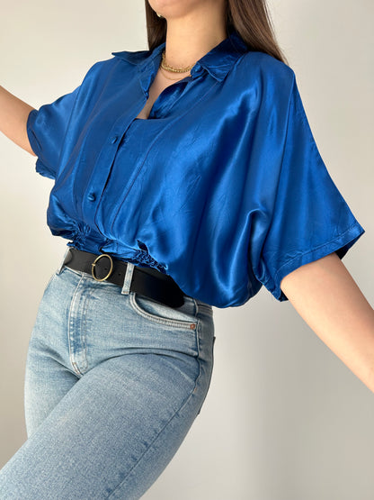 90s tight waist satin blue shirt Size 36 to 40