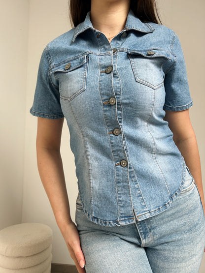 90s washed short sleeve denim shirt Size 34/36