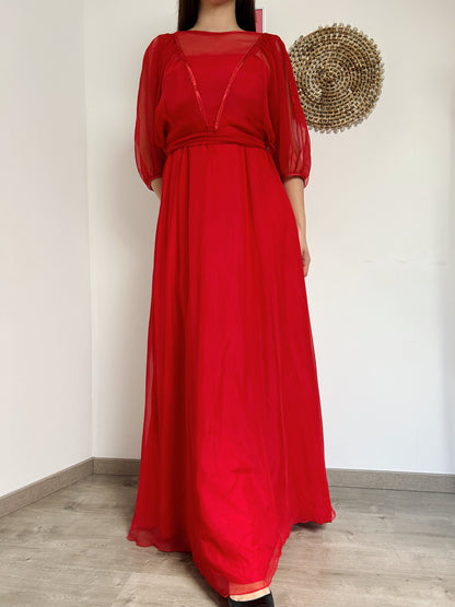 Longue robe rouge avec transparence 70s Taille 34/36