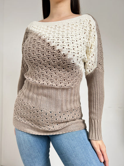 Pull en crochet beige et blanc 90s Taille 36/38