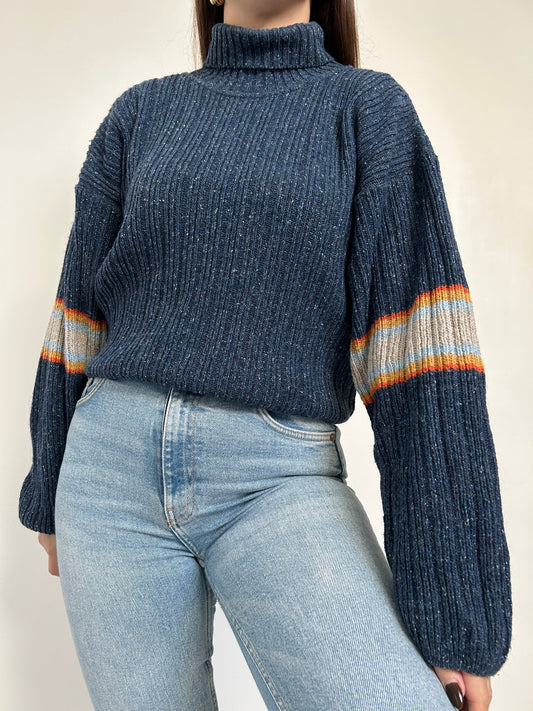 Pull col roulé bleu chiné à motifs 90s Taille 42