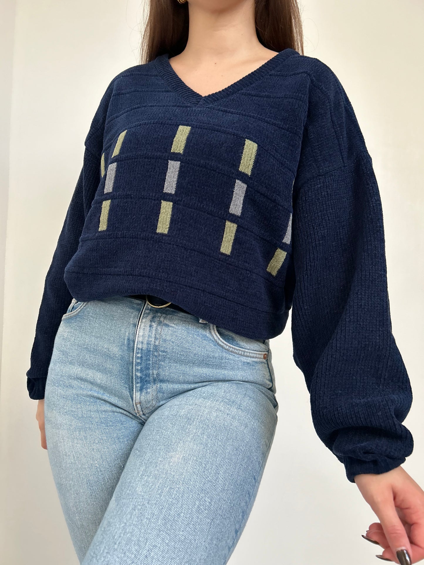 Pull en velours à motifs col V 90s Taille 42/44