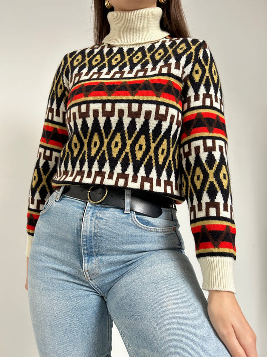 Pull col roulé à motifs multicolores vintage Taille 34