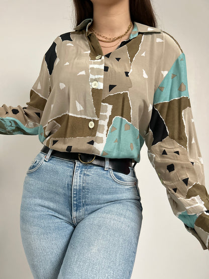 Chemise oversize à motifs beige et bleu 90s Taille 40