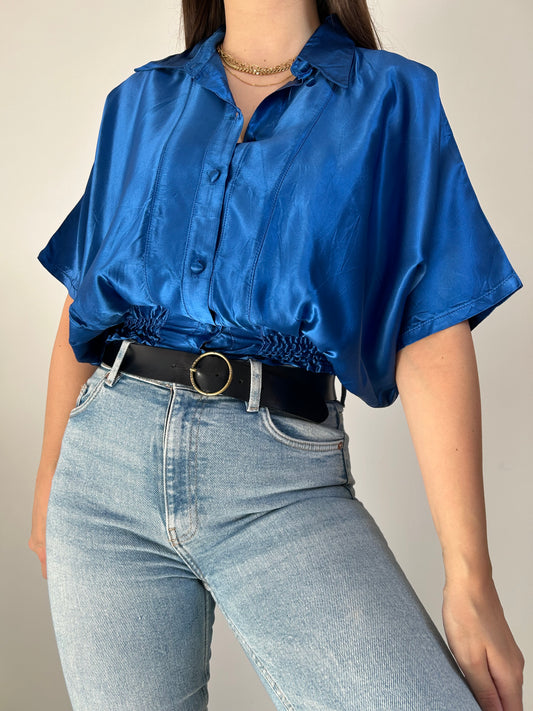 90s tight waist satin blue shirt Size 36 to 40