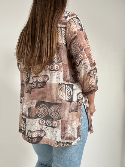 Chemise manches 3/4 à motifs marron 90s Taille 38/40