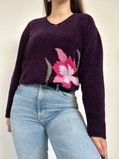 Pull en velours violet avec fleur 90s Taille 38/40