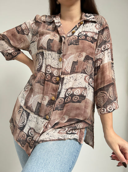 Chemise manches 3/4 à motifs marron 90s Taille 38/40