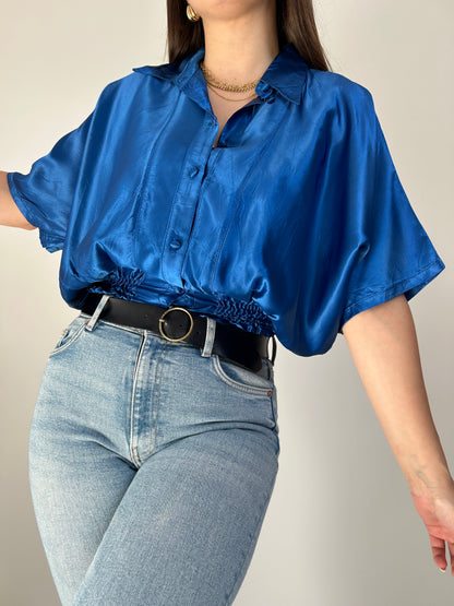 90s tight waist satin blue shirt Size 36 to 40