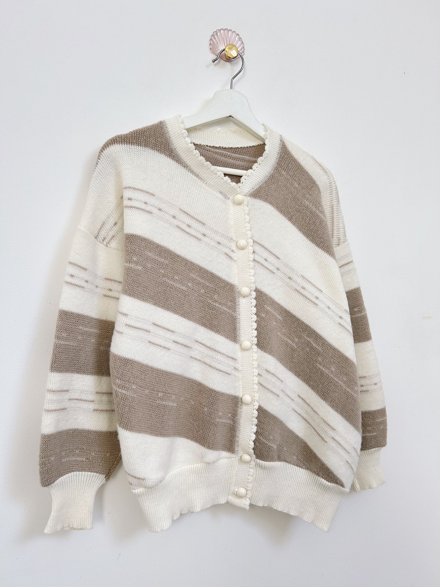 Cardigan oversize  à rayures blanc et beige 90s Taille 40