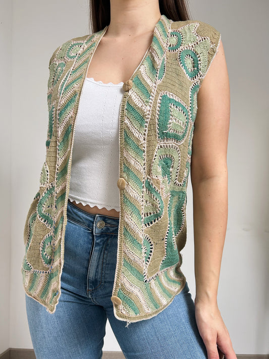 Gilet sans manches en crochet vert 90s Taille 34 à 38