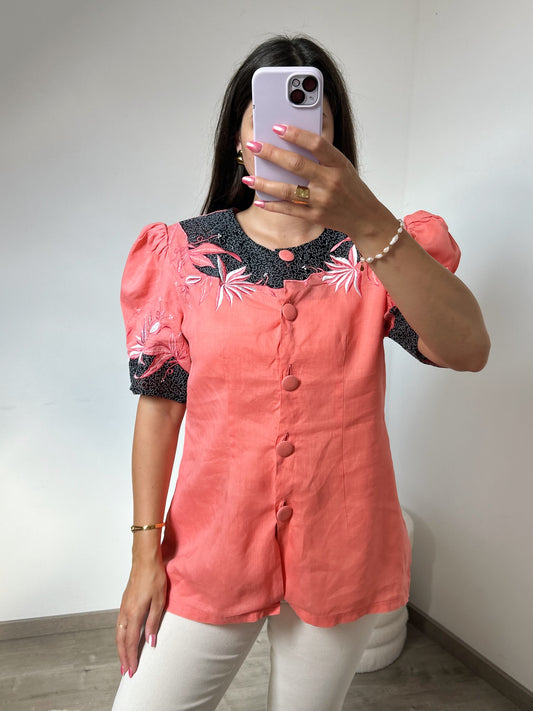 Chemise corail en lin brodée vintage Taille 40