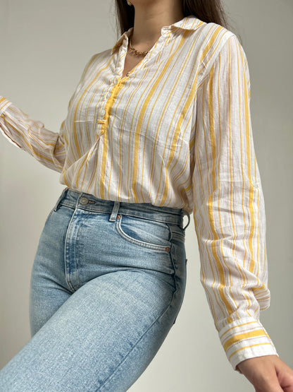 Blouse col chemise lignée jaune et blanc 90s Taille 38