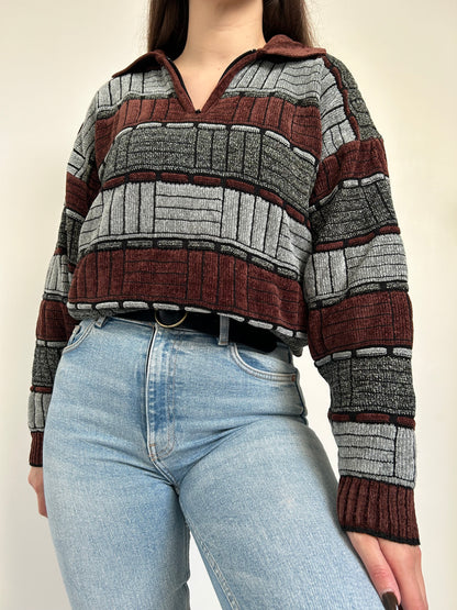 Pull bordeaux et gris en velours col zippé 90s Taille 40