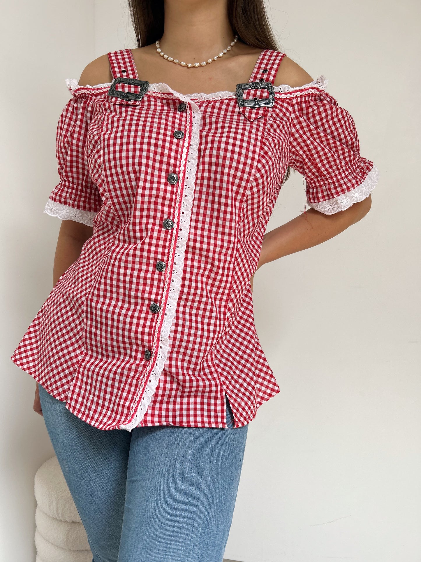 Red gingham dirndl blouse Size 42