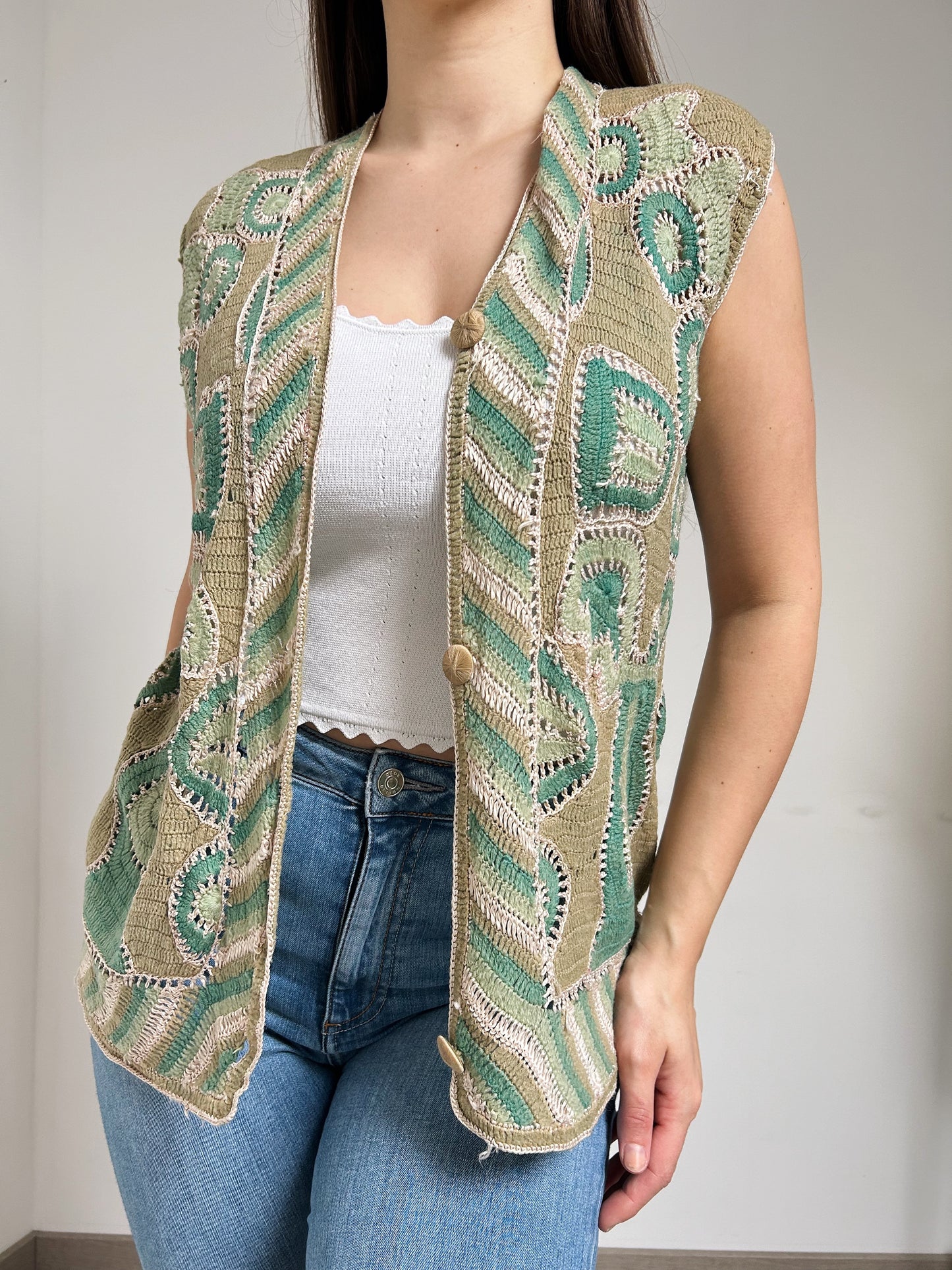 Gilet sans manches en crochet vert 90s Taille 34 à 38