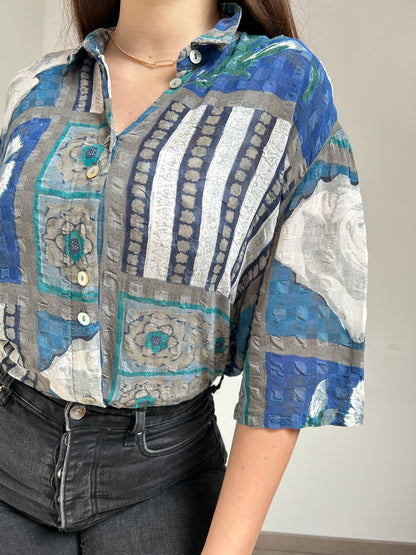 Chemise à motifs bleus fleuris texturée 90s Taille 38 à 42