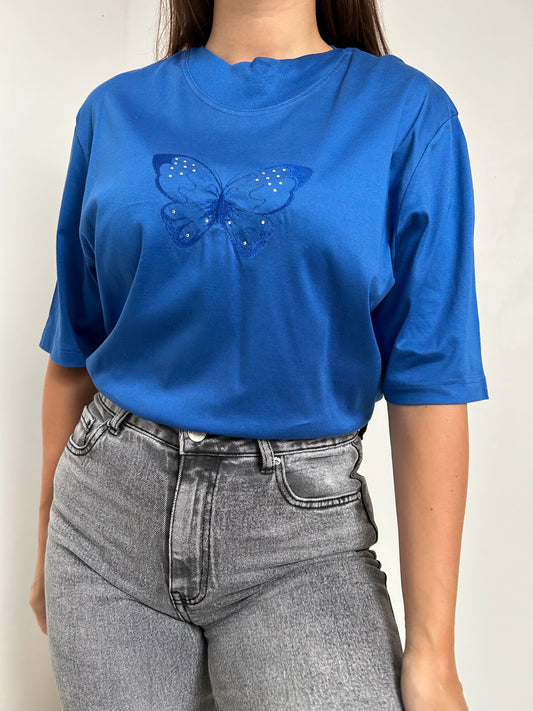 90s Blue Butterfly Embroidered T-Shirt Size 38/40