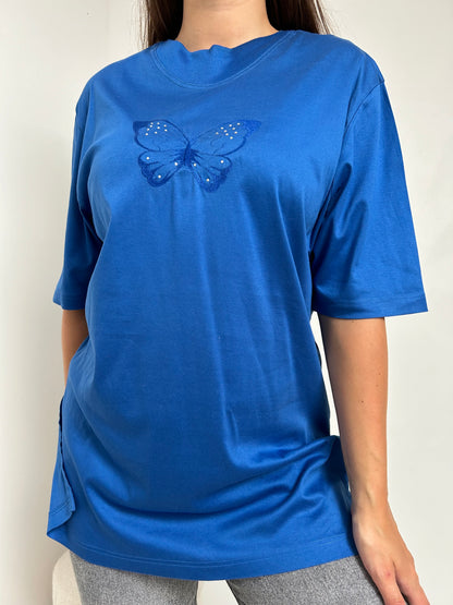 90s Blue Butterfly Embroidered T-Shirt Size 38/40