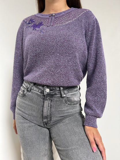 Pull violet brodé 80s Taille 42