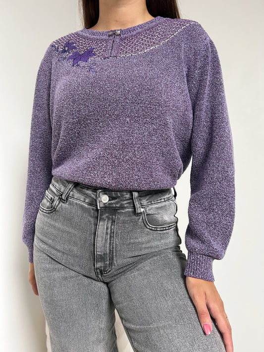 Pull violet brodé 80s Taille 42