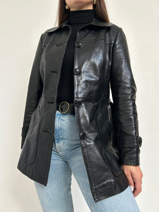 Longue veste en cuir noir 70s Taille 36