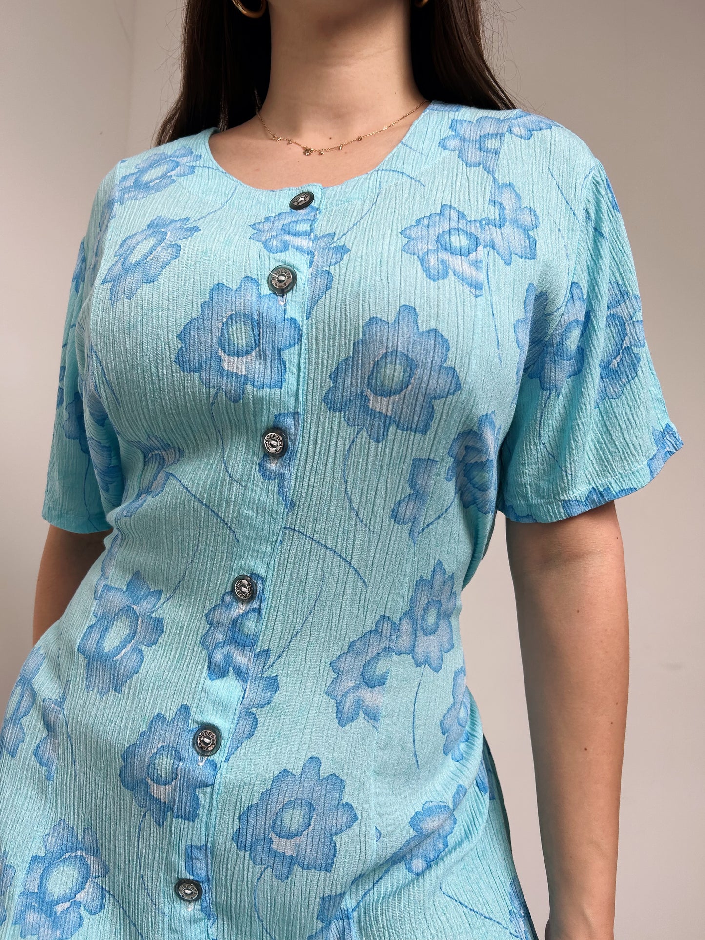 90s Blue Floral Buttoned Dress Size 38/40