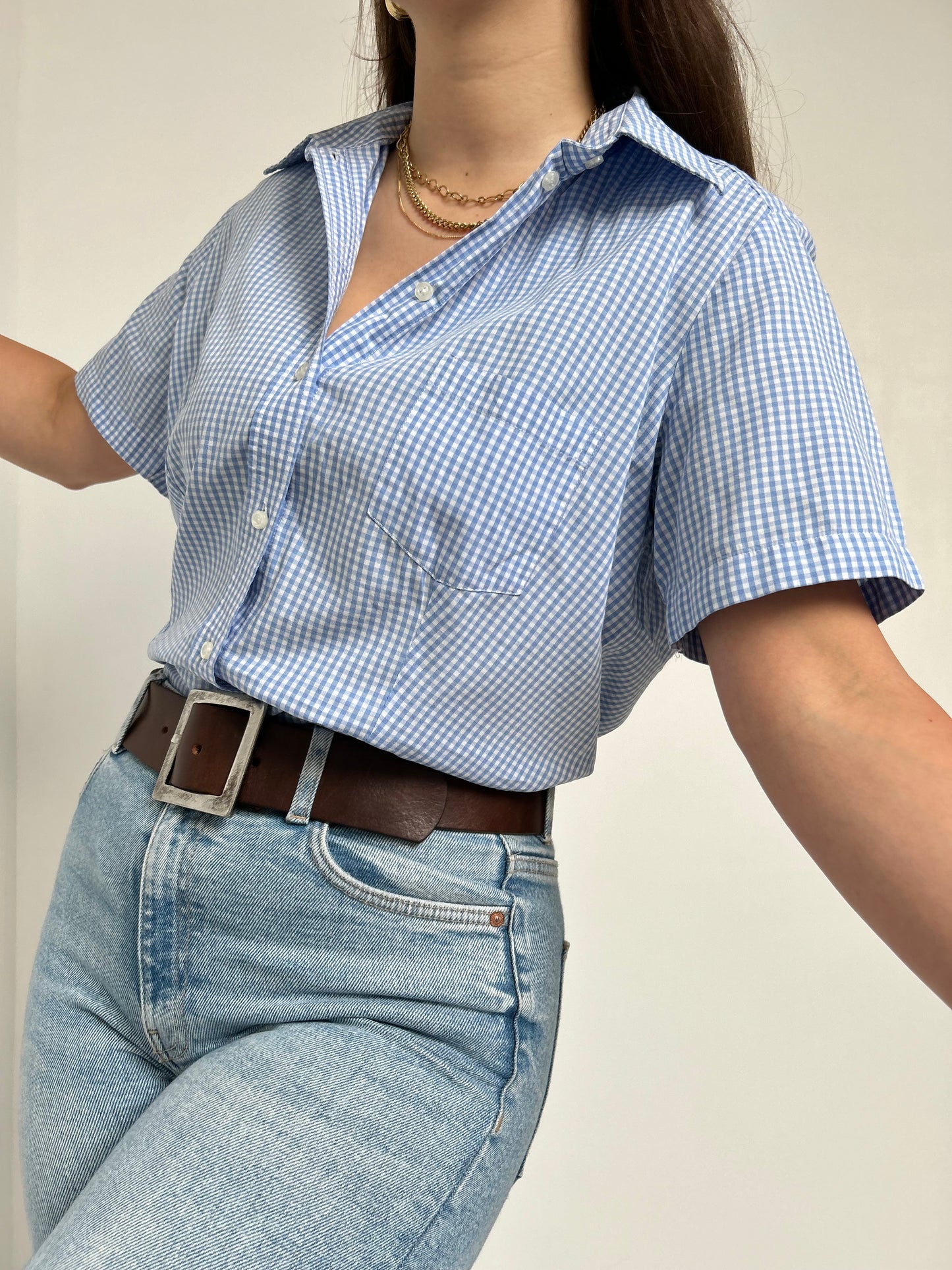 Oversized shirt with sky blue 90s Vichy pattern Size 38/40