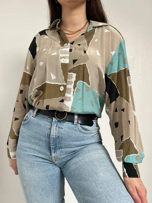 Chemise oversize à motifs beige et bleu 90s Taille 40