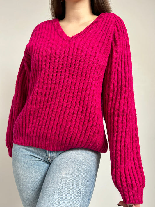 Pull rose fushia col V 90s Taille 40