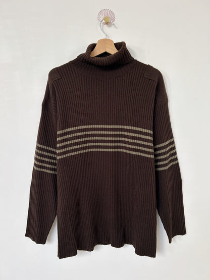 Pull marron col roulé avec bandes kaki 90s Taille 40/42