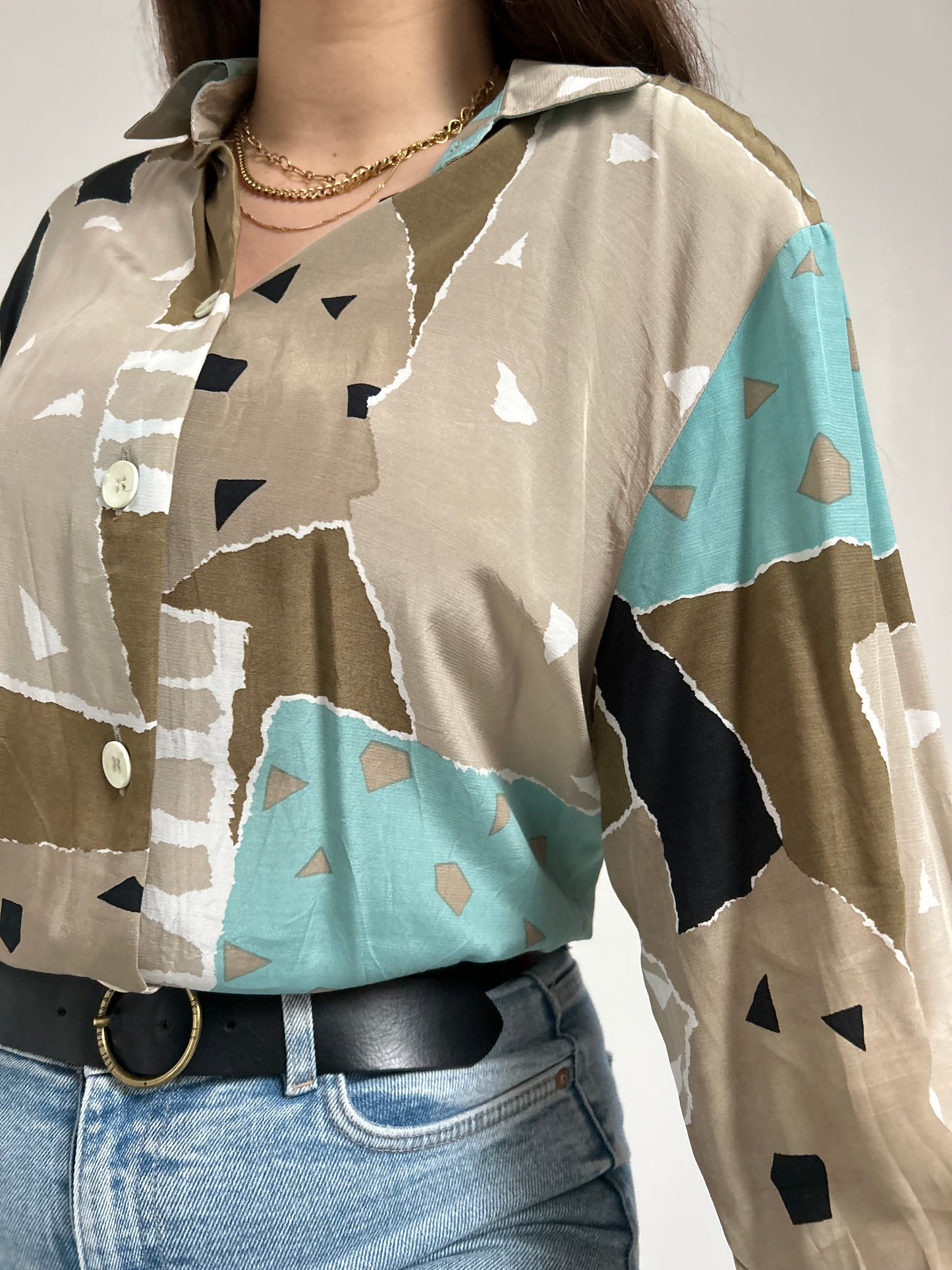 Chemise oversize à motifs beige et bleu 90s Taille 40