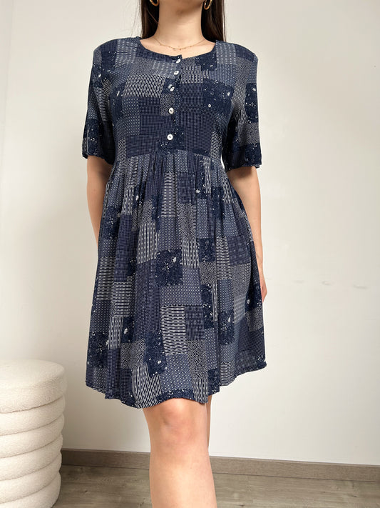 Petite robe évasée à motifs bleus et blancs 90s Taille 38